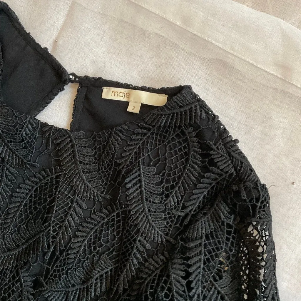Maje Rosane Guipure Lace Long Dress black sleeves SZ2 bust 30 - Image 4