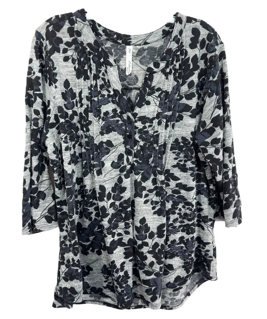 NY Collection Plus Size 3X Top Gray Black Floral V Neck Knit Boho Stretch 830 - Image 1