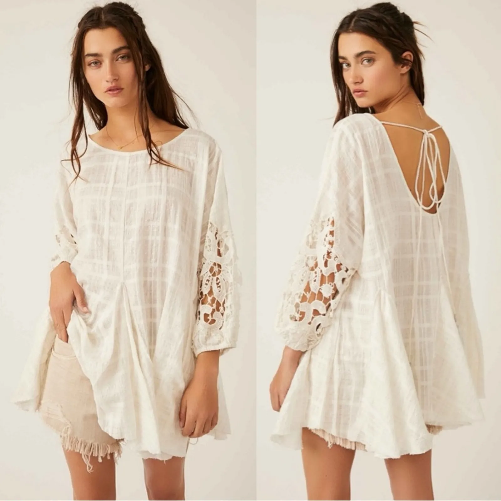 Free People Bohemian Witchy Crochet White Shores Tunic Top Medium Metallic Fairy - Image 2