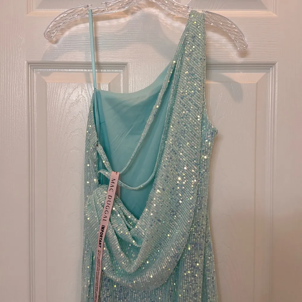 NWT Ieena for Mac Duggal 26990 Blue Sequined One Shoulder Draped Back Gown Sz 4 - Image 9