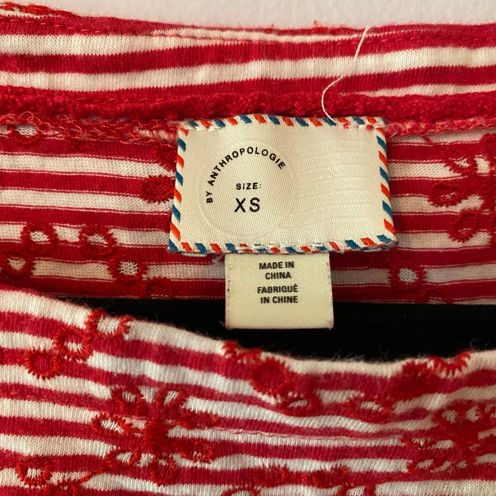 Anthropologie Bennett Red White Stripe Eyelet Floral Boat Neck Top Women size XS - Image 2