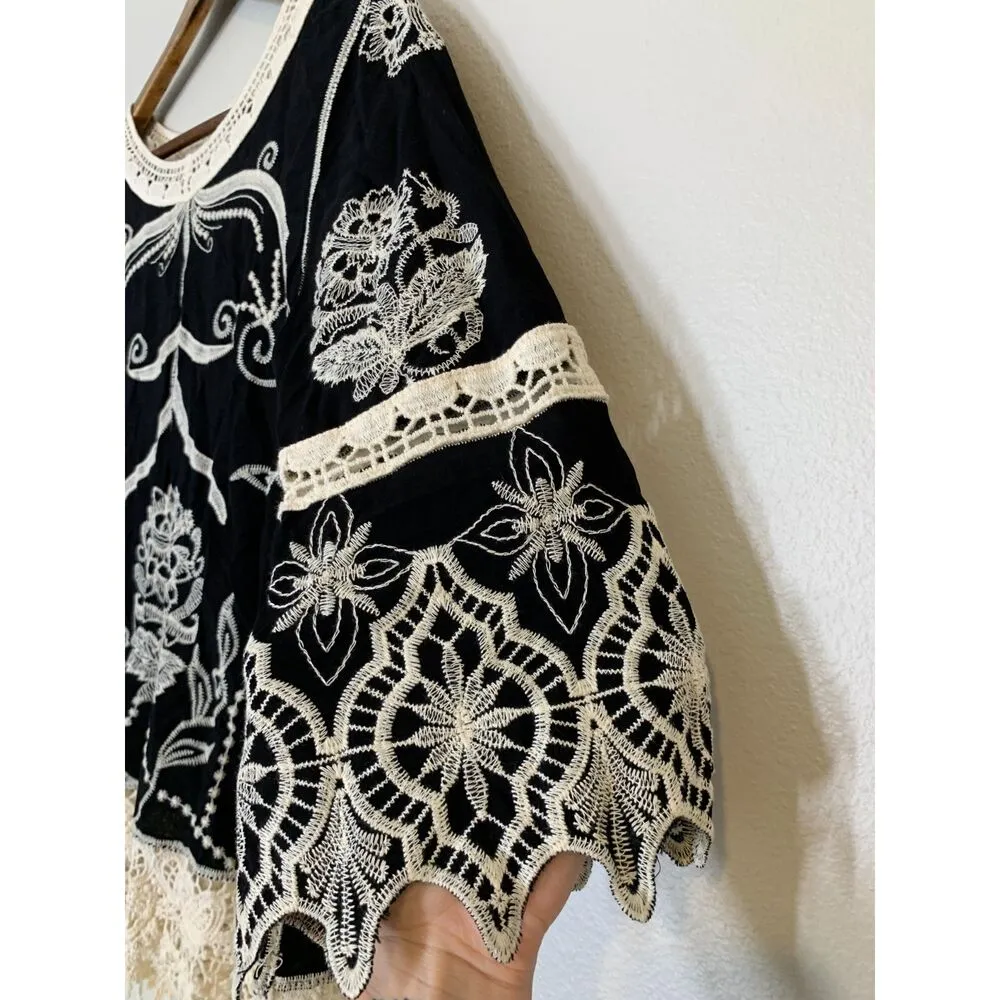 Cato Black Lace Trim Tunic Top Womens Sz S Embroidered Floral Boho Crotchet - Image 3