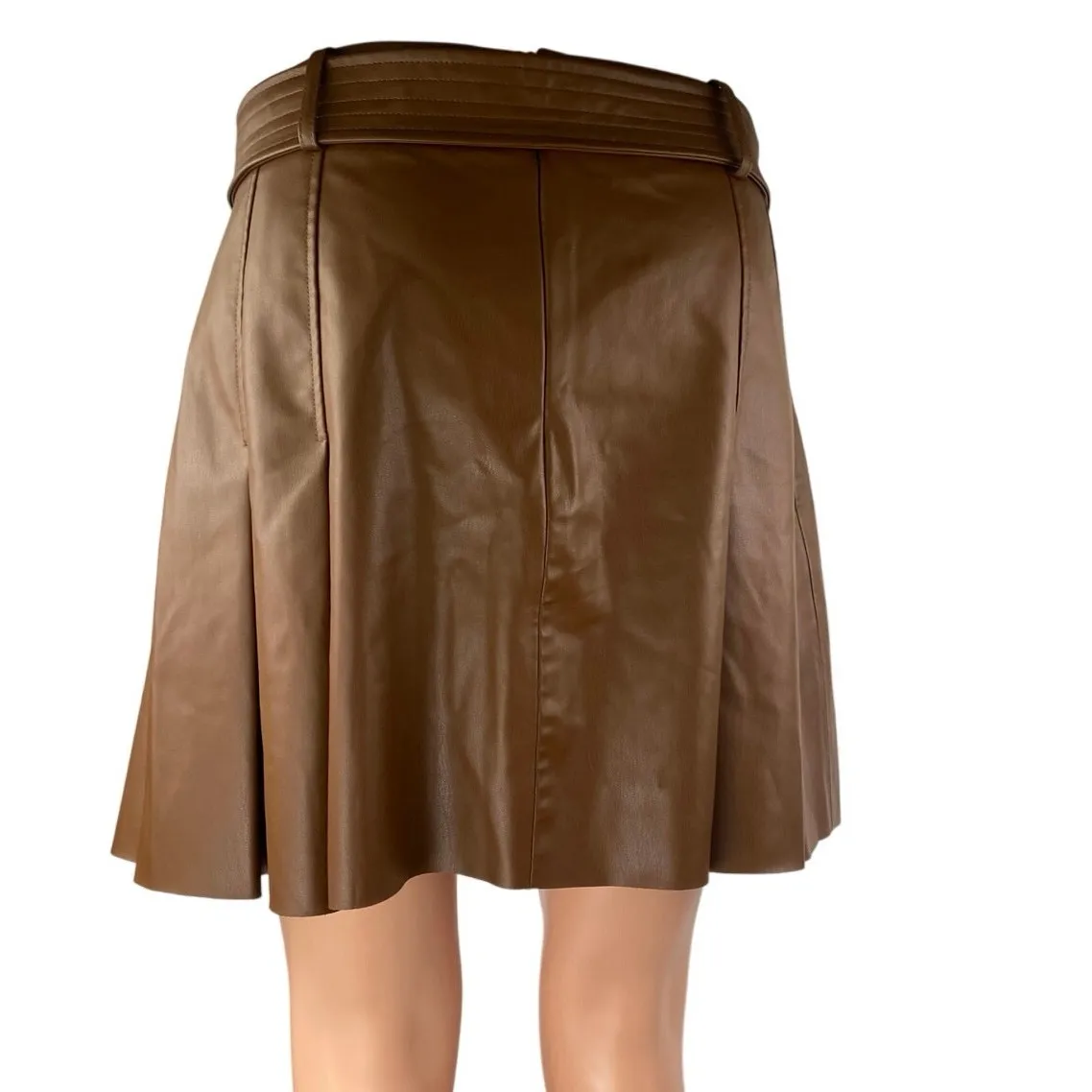 Zara Women's Brown Faux Vegan Leather Pleated Belted Mini A-Line Skirt Size L - Image 3