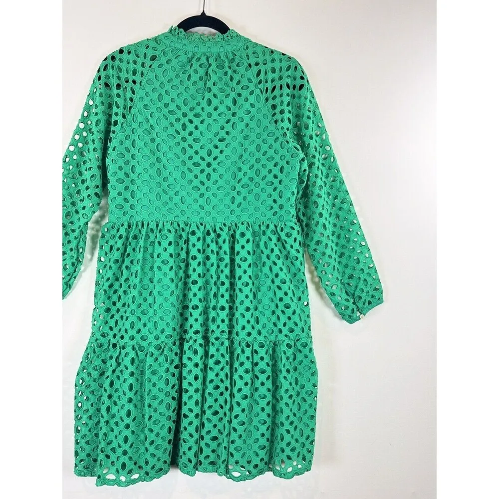 J Crew Women Dress Green Mini Tiered Popover Embroidered Eyelet V Neck A Line XS - Image 8
