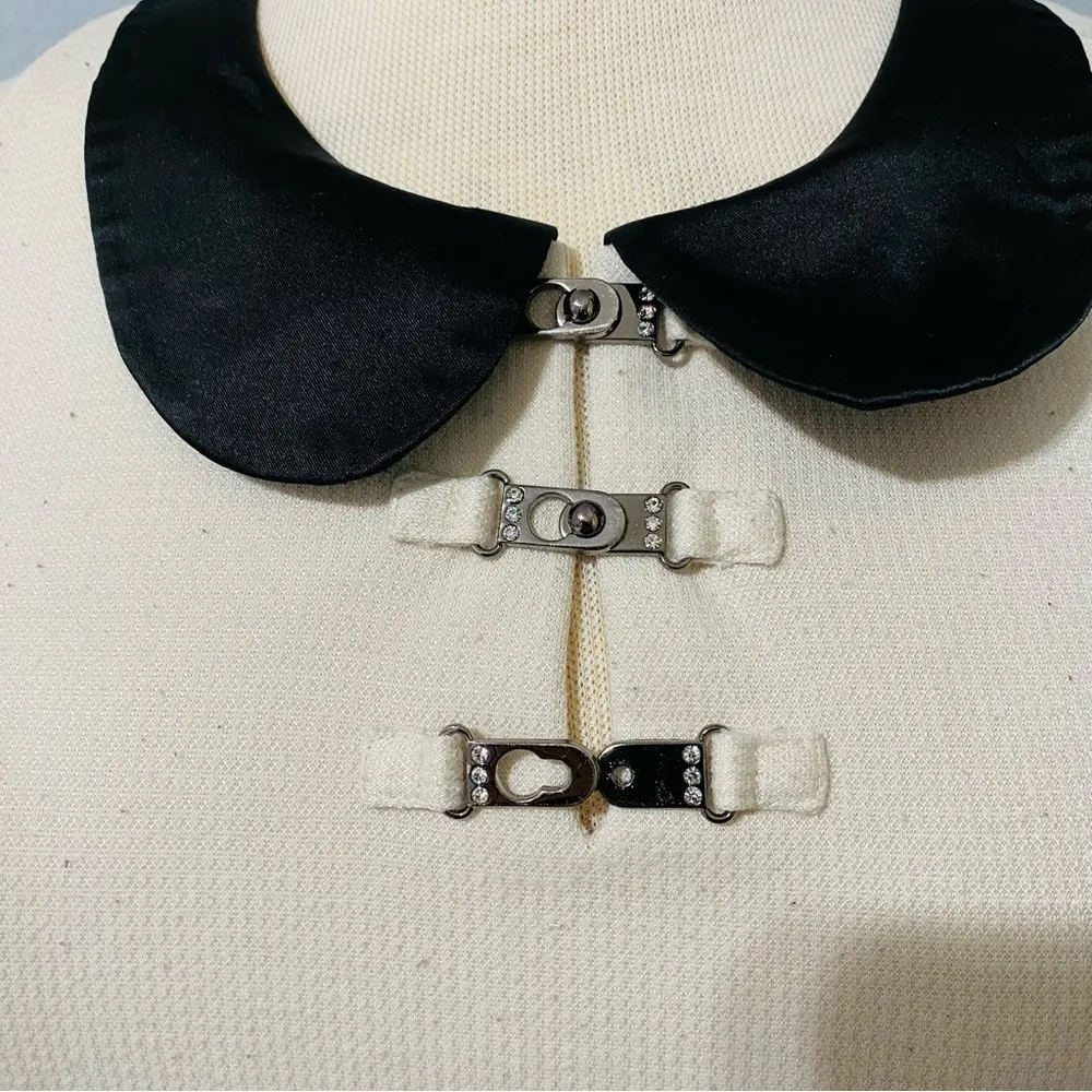 Formal Cream Sleeveless Round Neckline Zippered Lined Business Short Dress Sz S Black - Image 3