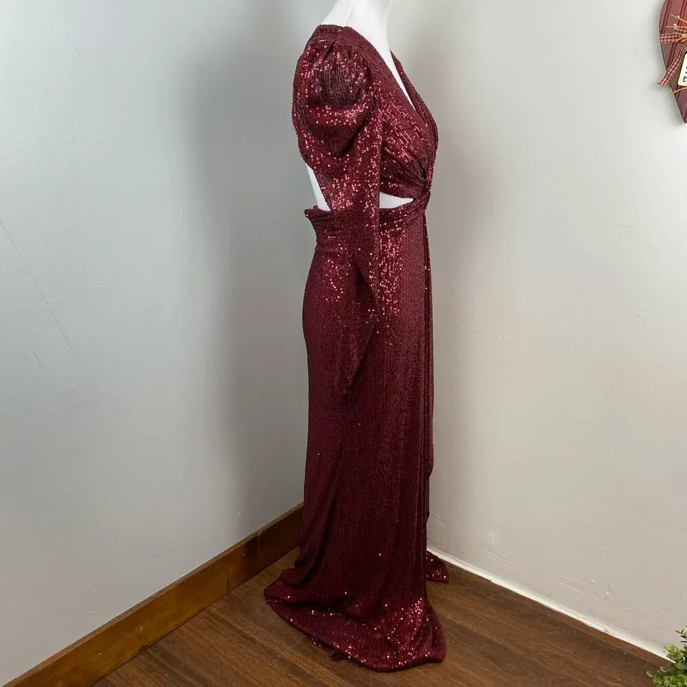 Mac Duggal Wine Sequined Criss Cross Cutout Long Sleeve Gown Size 0 $498 26739 - Image 8