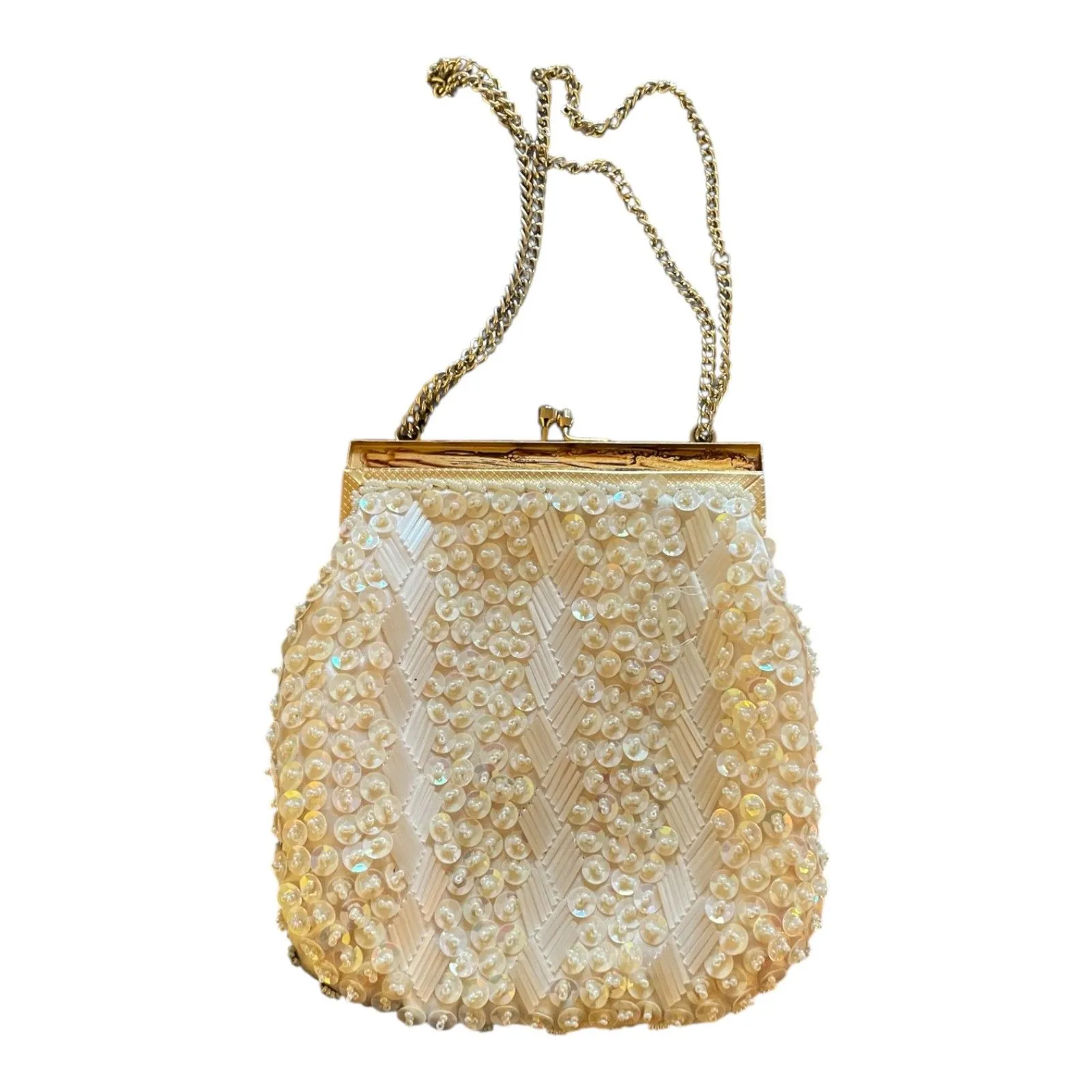 Vintage ivory sequined beaded evening bag gold kisslock chain strap glam retro - Image 2