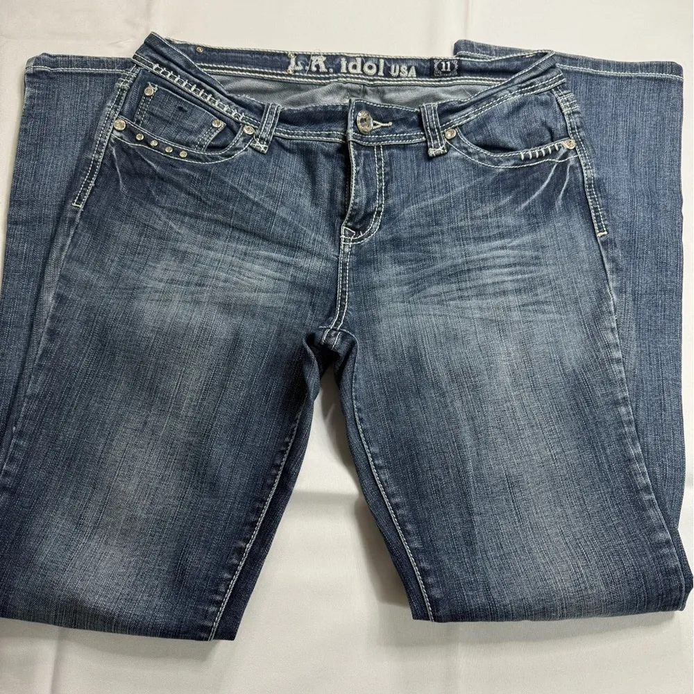 L.A. Idol Blue Boot Cut Jeans with Decorative Embroidery Size 12 - Image 5