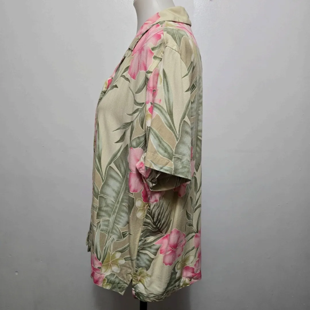 Vintage LEMON GRASS Floral Eyelet Button Down Shirt XL Hawaiian Vacation Tan - Image 2