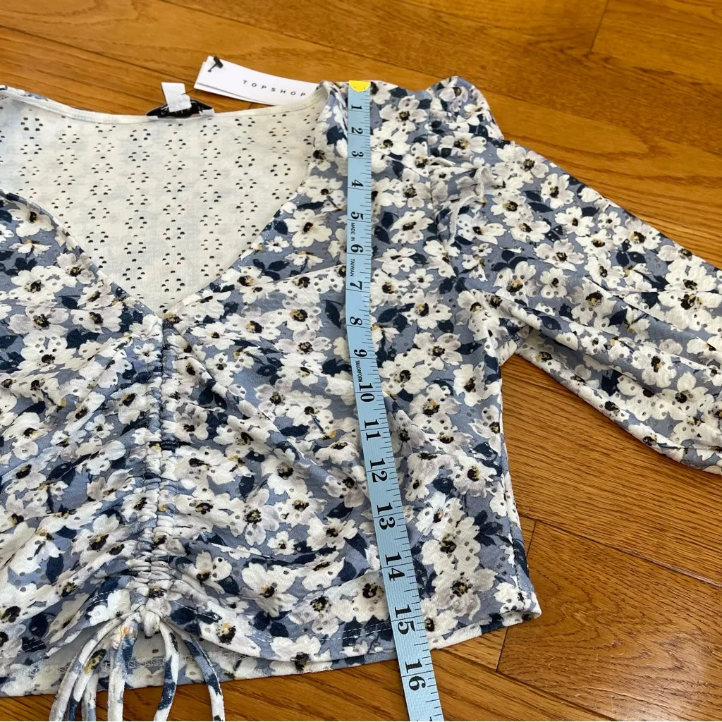 Top Shop Womens Blue Floral Pointelle Eyelet Ruched Ruffle Crop Top Size 10 - Image 12