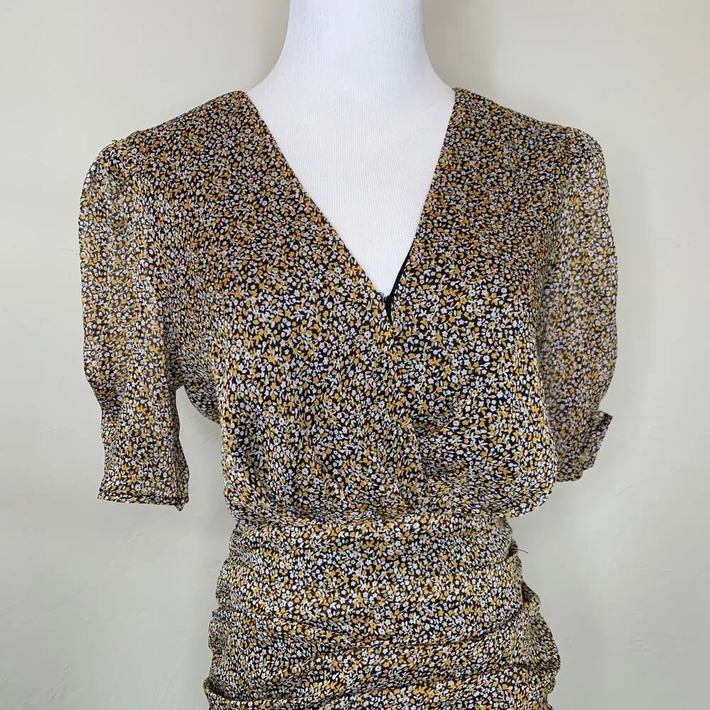 ASTR Black Gold Ditsy Floral Shirred Botton Mini Dress Sz Medium - Image 2