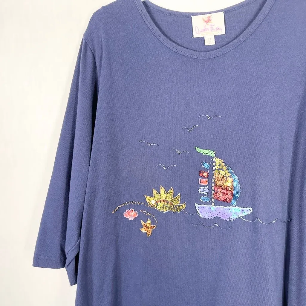 Quacker Factory‎ Plus Size 2X Top Navy Blue Sailboat Beaded Sequins 716 - Image 4