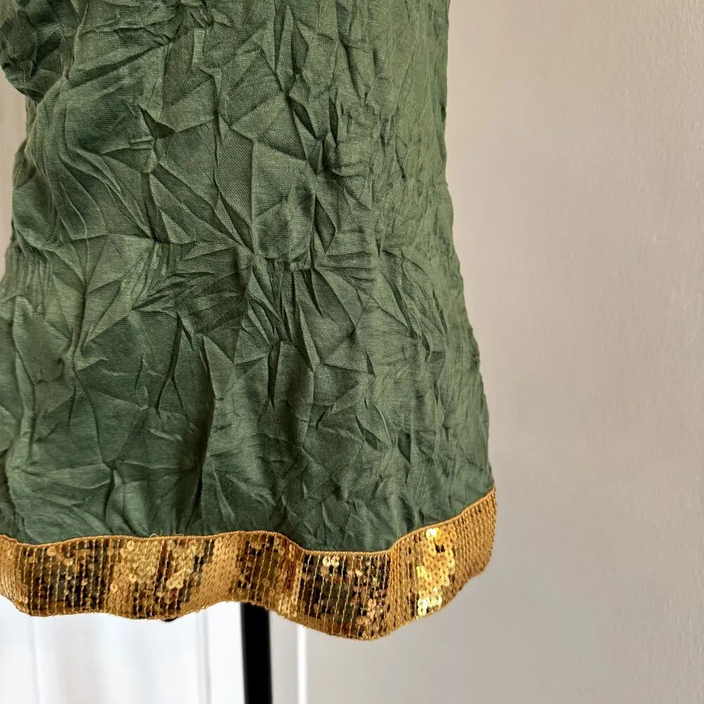 Y2K Deadstock NWT Crinkled Green Tank Top with Gold Sequins Women's Size Medium - Image 2