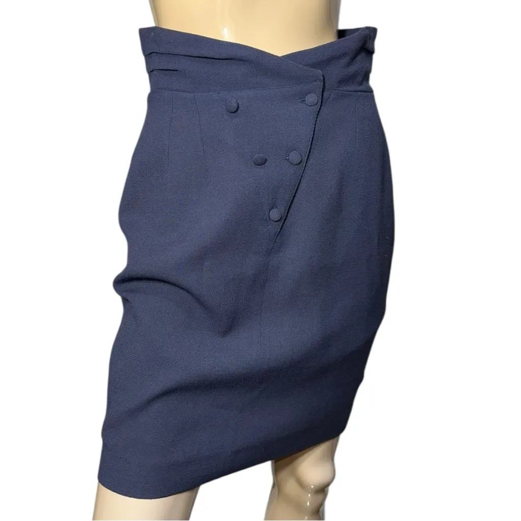 Kabuki Barbara Bui Vintage Sz 40 Navy Blue Wool Button Up Straight Pencil Skirt - Image 2