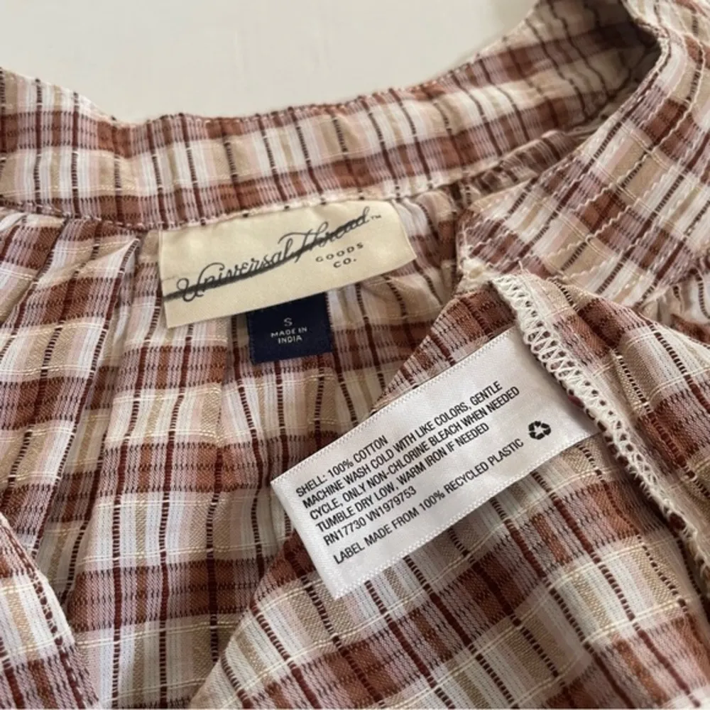 NWOT Brown Beige Tan Plaid Boho Peasant Blouse Top New 3/4 Balloon Sleeve V Neck - Image 5