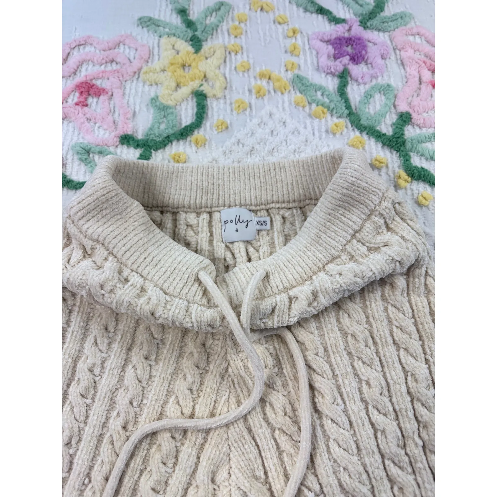 Polly‎ Cable Knit Pants XS/S Beige Drawstring Cozy Lounge Casual Knitwear Tan - Image 4