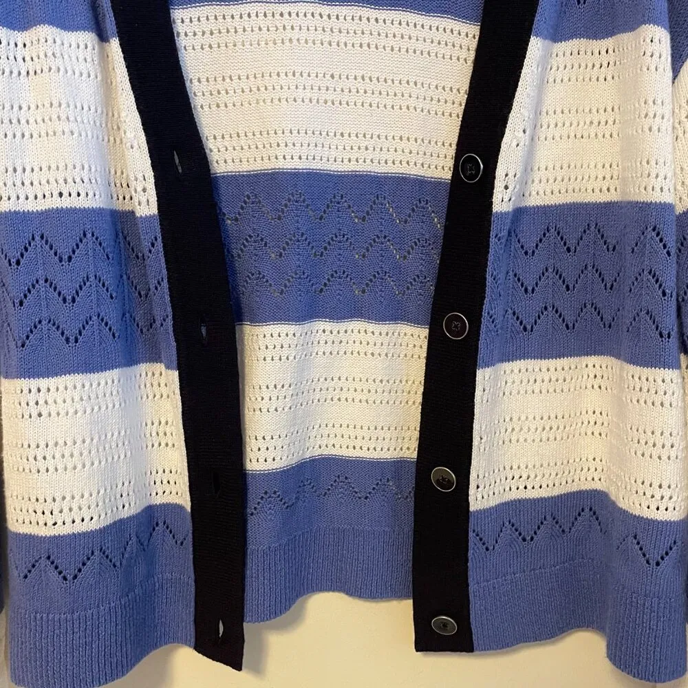 Tipped Pointelle V Neck Long Sleeve Cardigan Sweater Stripes White Blue Size M - Image 3
