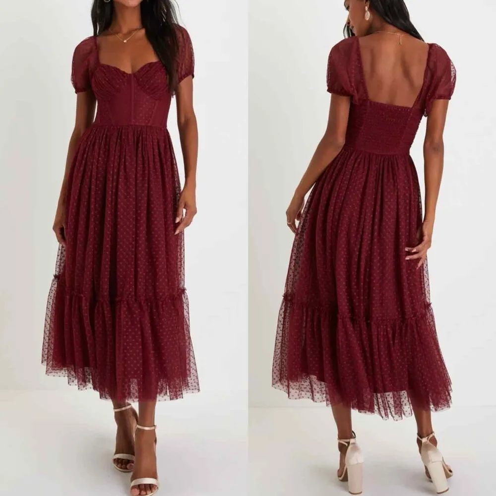 Lulus Sweet Amor Burgundy Tulle Swiss Dot Tiered Bustier Midi Dress - Image 5