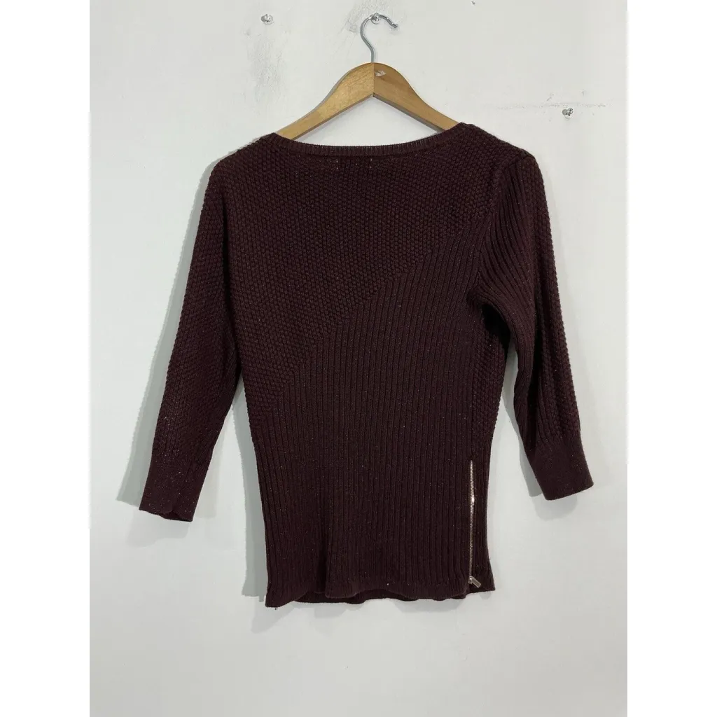 Womans New York & Co Small Maroon Metallic Pullover 3/4 Sleeve Sweater - Image 2