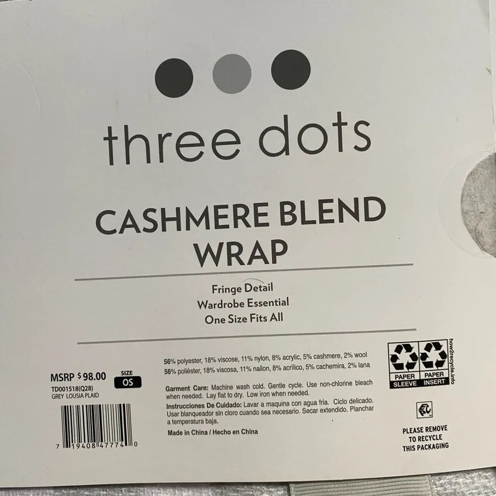 Three Dots Plaid Cashmere Blend Fringe Kimono Wrap in White, Gray, and Brown NWT - Image 3