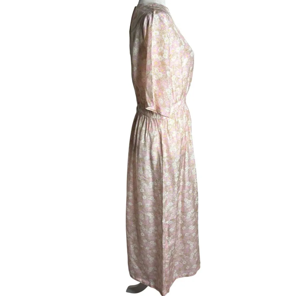 Vintage 50s Sheer Floral Day Dress Small Beige Pink Metal Zipper Short Sleeves - Image 6