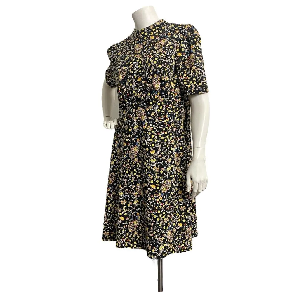 Boden Women's Knee Length Black Yellow Floral Cotton Dress Size 10R Mock Neck - Image 4