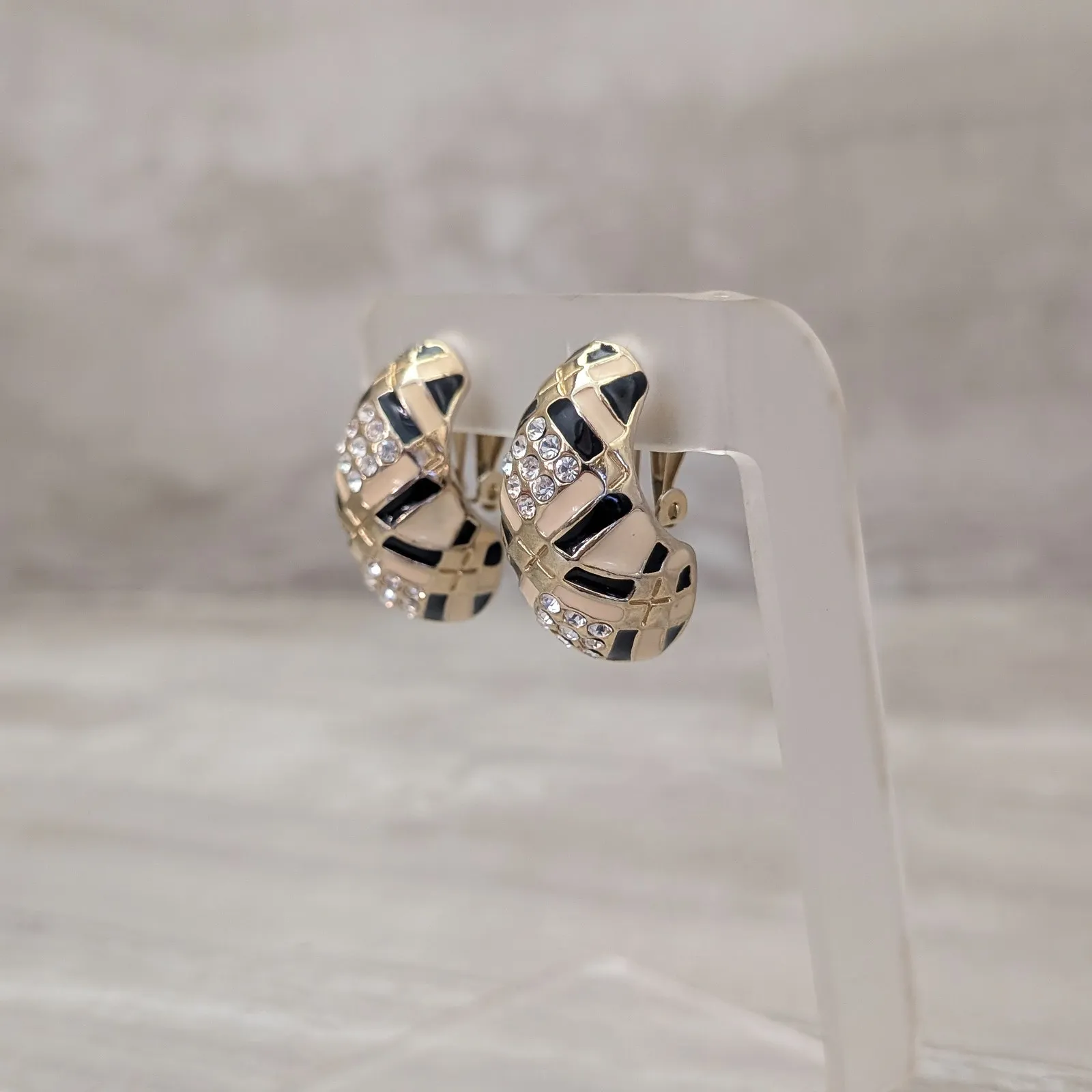 Vintage Clip On Earrings Chunky Gold Tone, Clear Gems, Black & Cream Enamel - Image 2