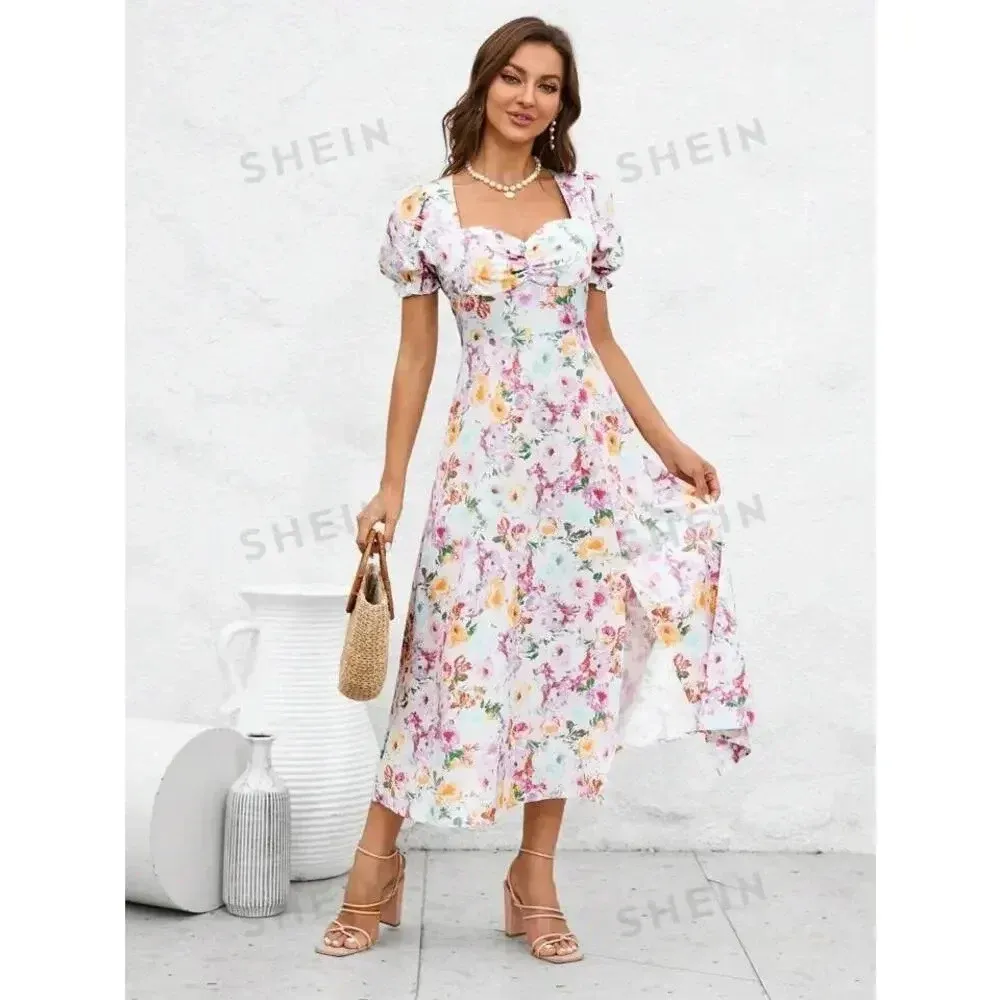 SHEIN Women's Small Floral Puff‎ Sleeve A-Line Multicolor Spring Midi Dress - Image 7
