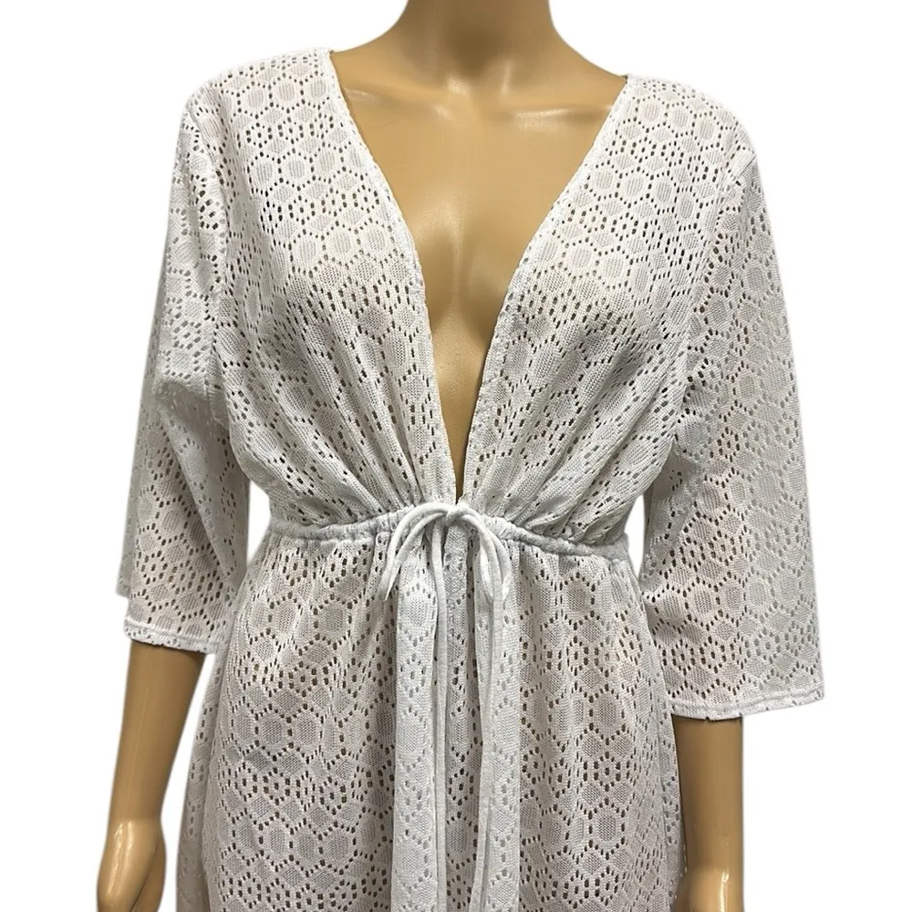 Catalina Arctic White Lace Tie Waist Swimsuit Coverup Short Sleeve Womens 1X - Image 2
