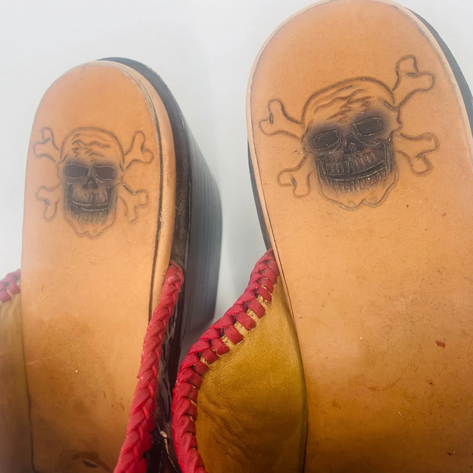 Liberty Leather Tooled Snip Toe Mules Skulls size 9.5 Brown Black Western Muerto - Image 7