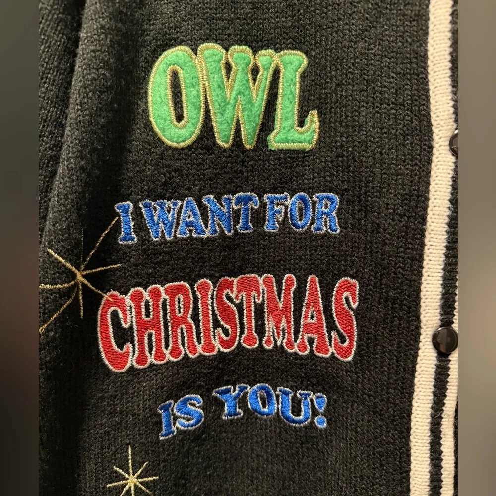 Owl Button Down Christmas Sweater Womens XL Black White Button Up - Image 2