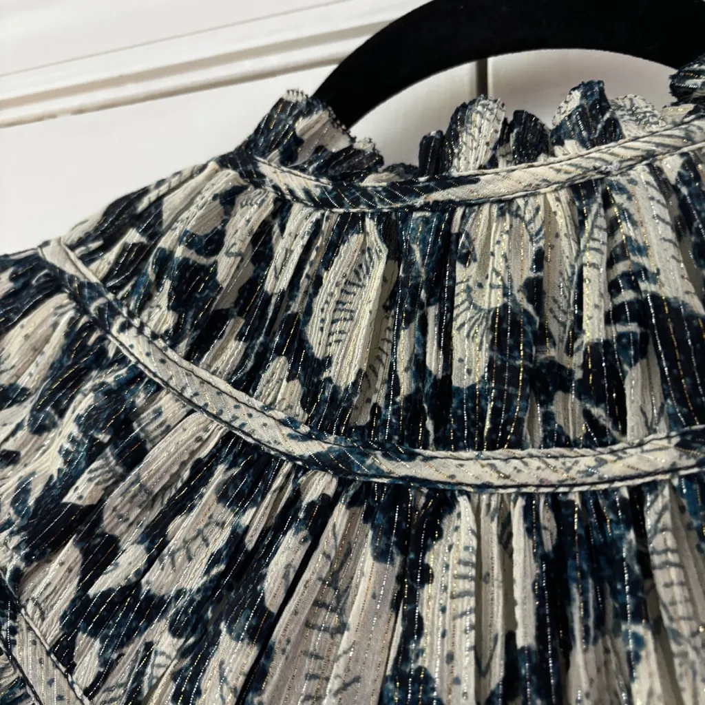 Ulla Johnson Yulia Blouse‎ Indigo Printed Metallic Size 0 Shirt Statement Sleeve - Image 12
