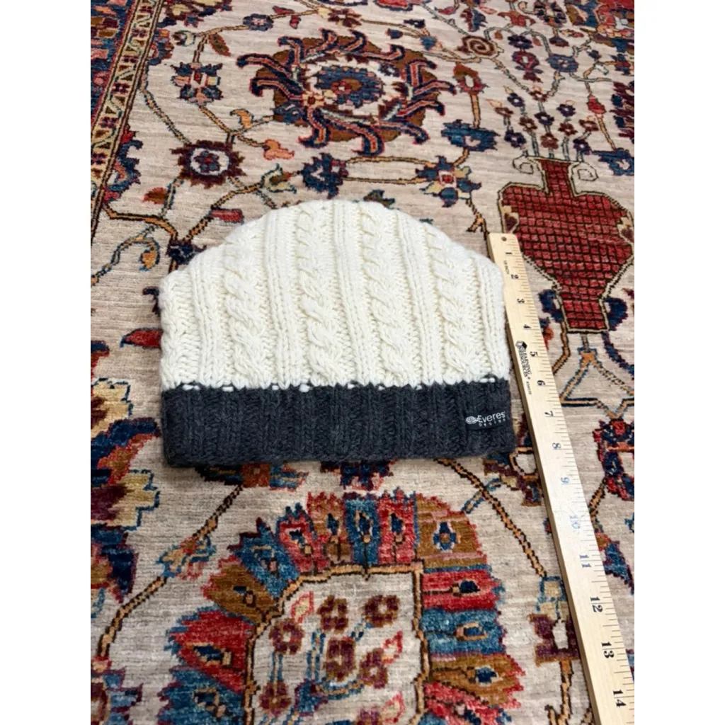 Everest Designs Hand Knit Wool Beanie Hat Nepal Cream Cable Knit Fleece Lined Wa - Image 5