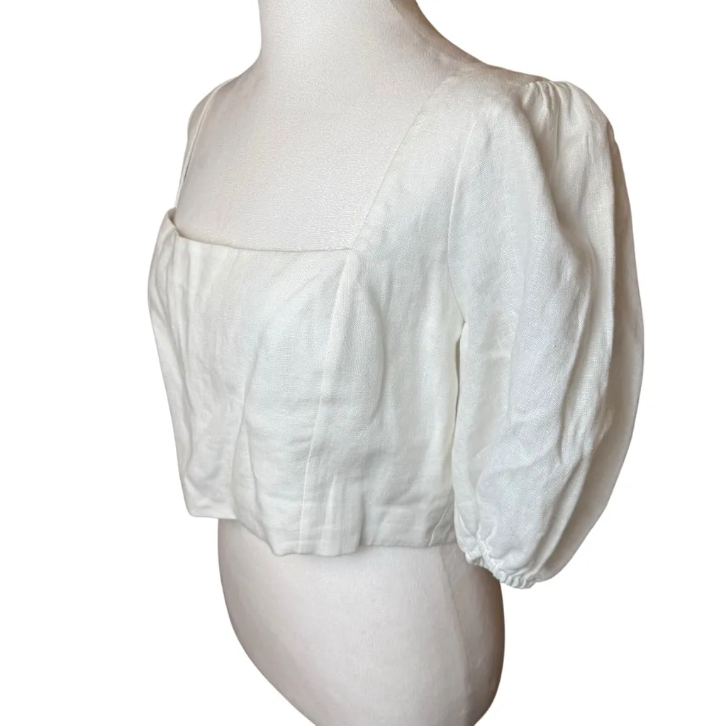 Reformation Yucca White Linen Square Neck Crop Top Puff Sleeves Size 12 Luxury - Image 6