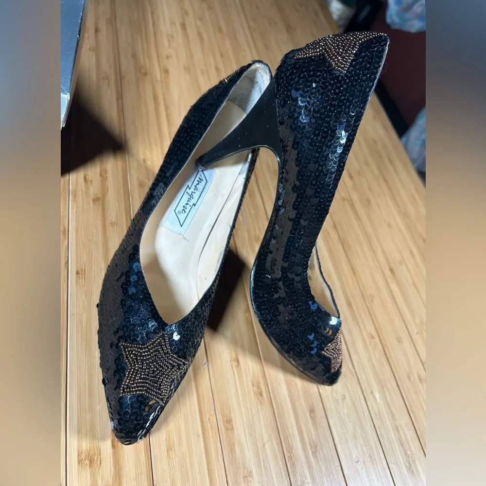 Vintage Beaded & Sequin Black Shoes With Stars Size 10 Used - Image 10
