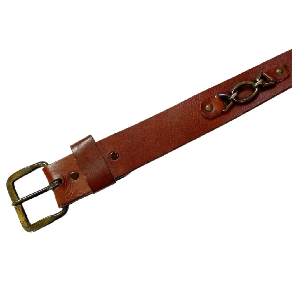 Vintage Wide Leather Belt with Brass Buckle & Chain Detail Brown - Image 4