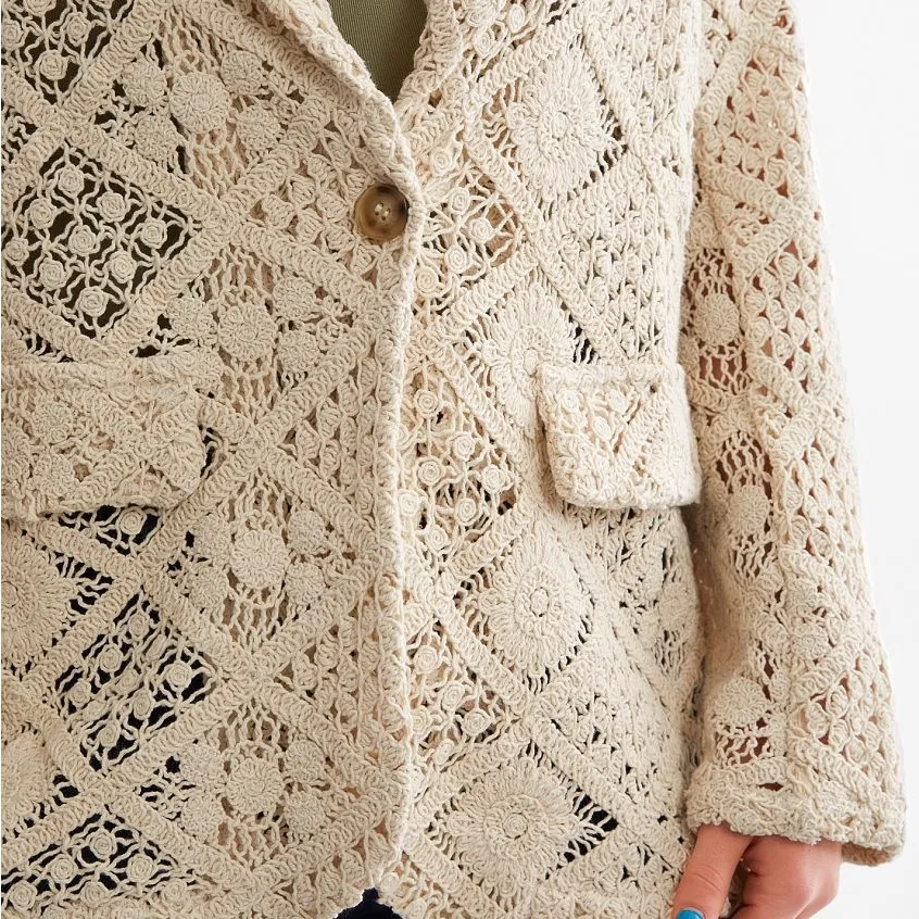 Miss Me Crochet Lace Blazer Jacket Cream Cotton Semi Sheer Size XL Coastal Boho - Image 11