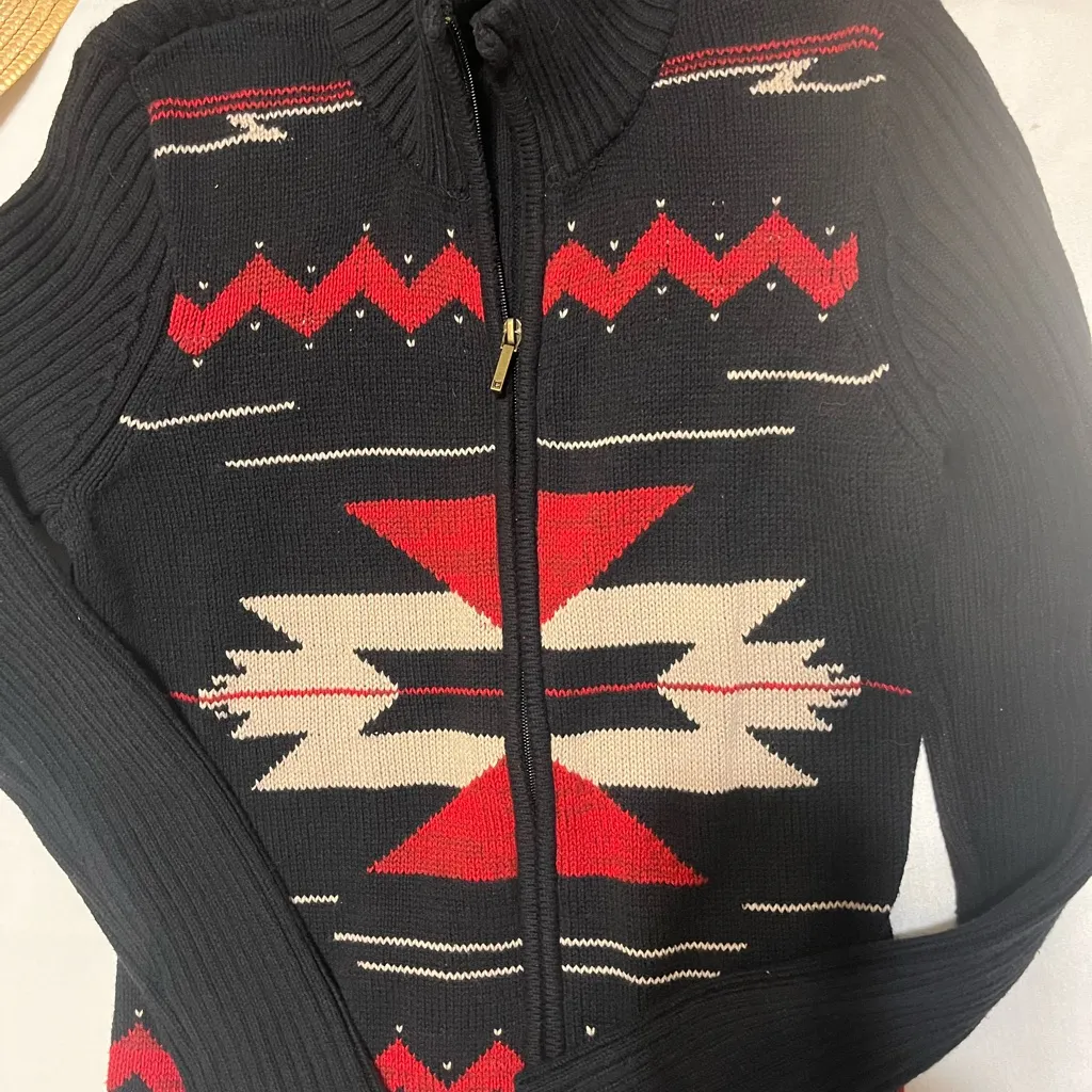 Vintage Chaps Southwestern Zip Sweater Jacket Black Red Knit women’s Size L - Image 2