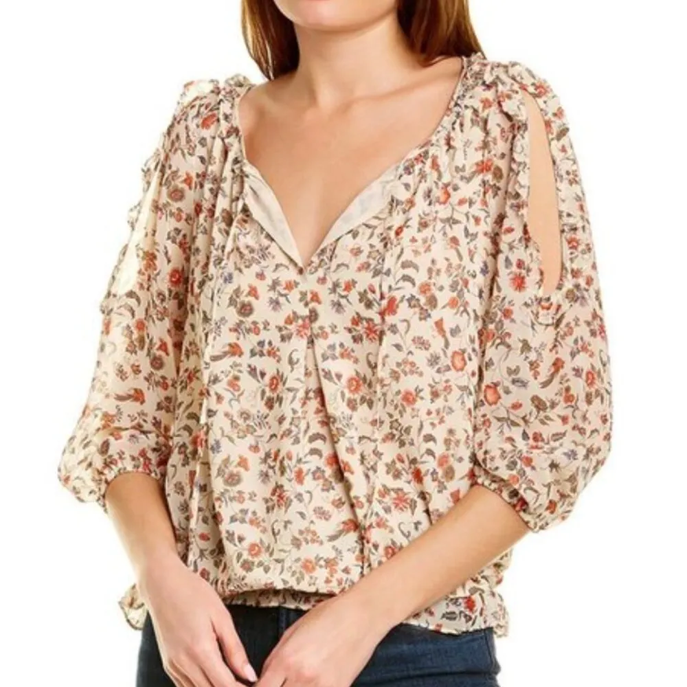 MAX STUDIO Georgette Elbow Sleeve Cold Shoulder Blouse Red White Floral Boho Top - Image 4