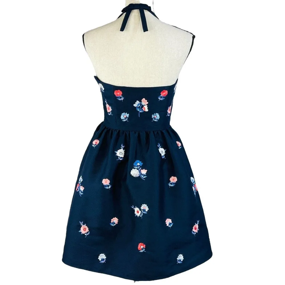 Kate Spade SZ 2 Halter Mini Dress Pom Floral Embroidered Fit 'n Flare Lined Blue - Image 4