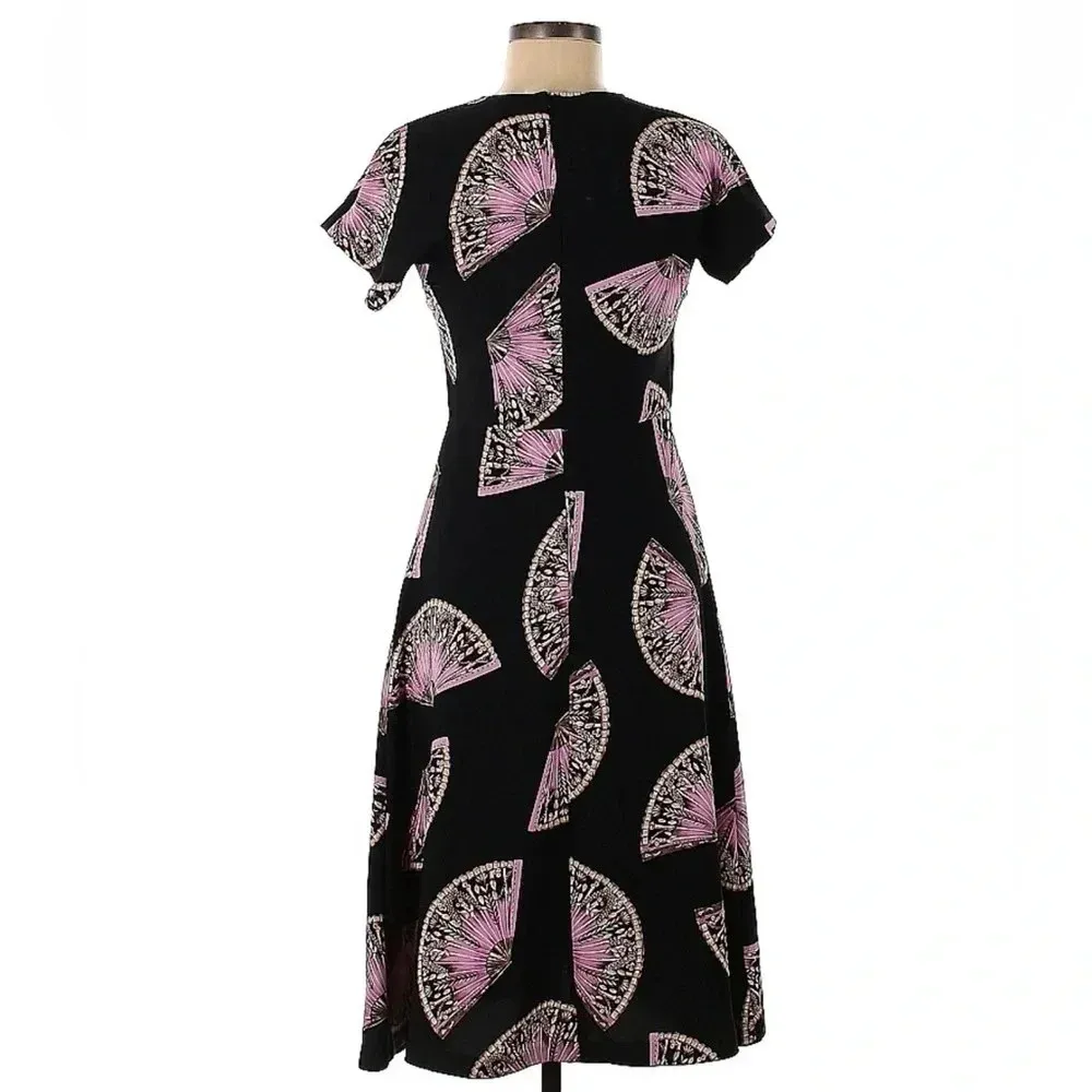 Ann Taylor | Black Pink Dancing Fan V Neck Fit And Flare Midi Dress Size 0 - Image 3