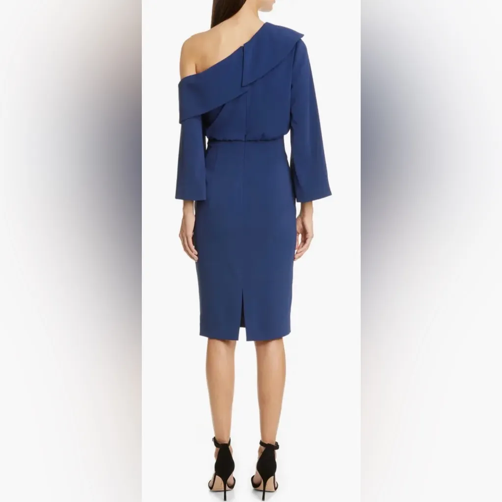 Badgley Mischka Navy Asymmetrical One-Shoulder Long Sleeve Cocktail Dress Size 4 - Image 3