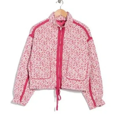 BLANKNYC Floral Quilted Bomber Jacket Pink White Burgundy Women's XL Drawstring - Image 1