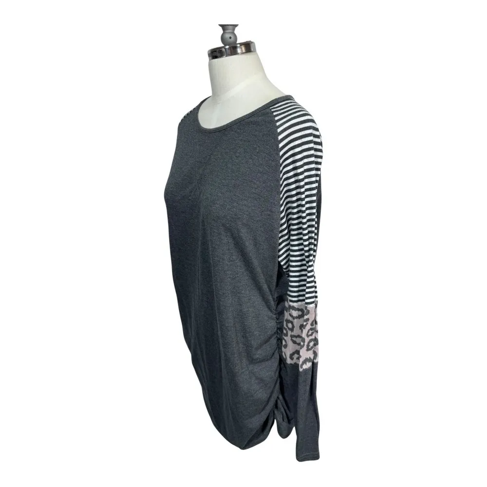 BHome Gray Raglan Striped Leopard Long Sleeve Crewneck Ruched Tunic Top Size XXL - Image 2