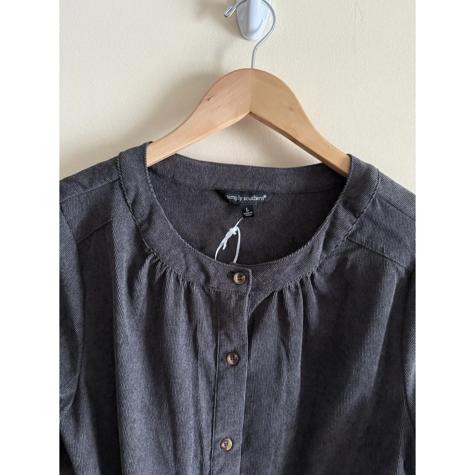 Simply Southern Size L Gray Corduroy‎ Belted Button Down Dress Boho Country Girl - Image 3