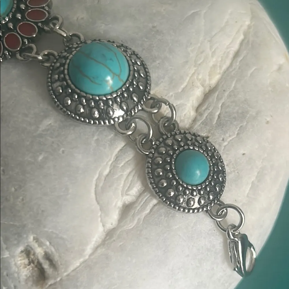 Set Turquoise Dyed Howlite and Magnesite Elephant Coil and Southwest Bracelets Blue - Image 5