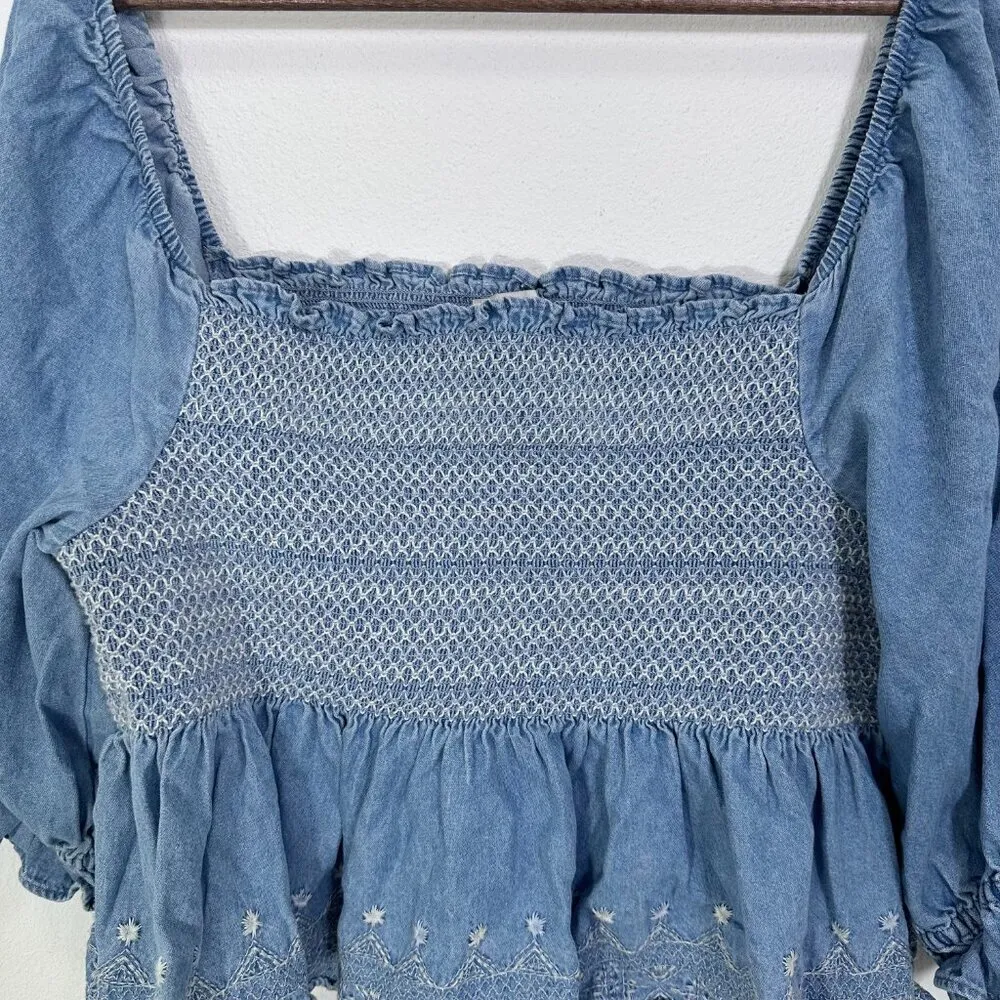 American Eagle Denim Chambray Square Neck Smocked Babydoll Ballon Sleeve Boho XL - Image 5
