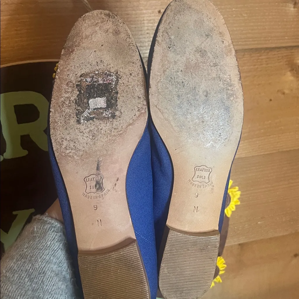 Zalo Spain Leather Linen Crest Embroidered Slipper Flat Loafer Shoe 9 Blue Brown - Image 8