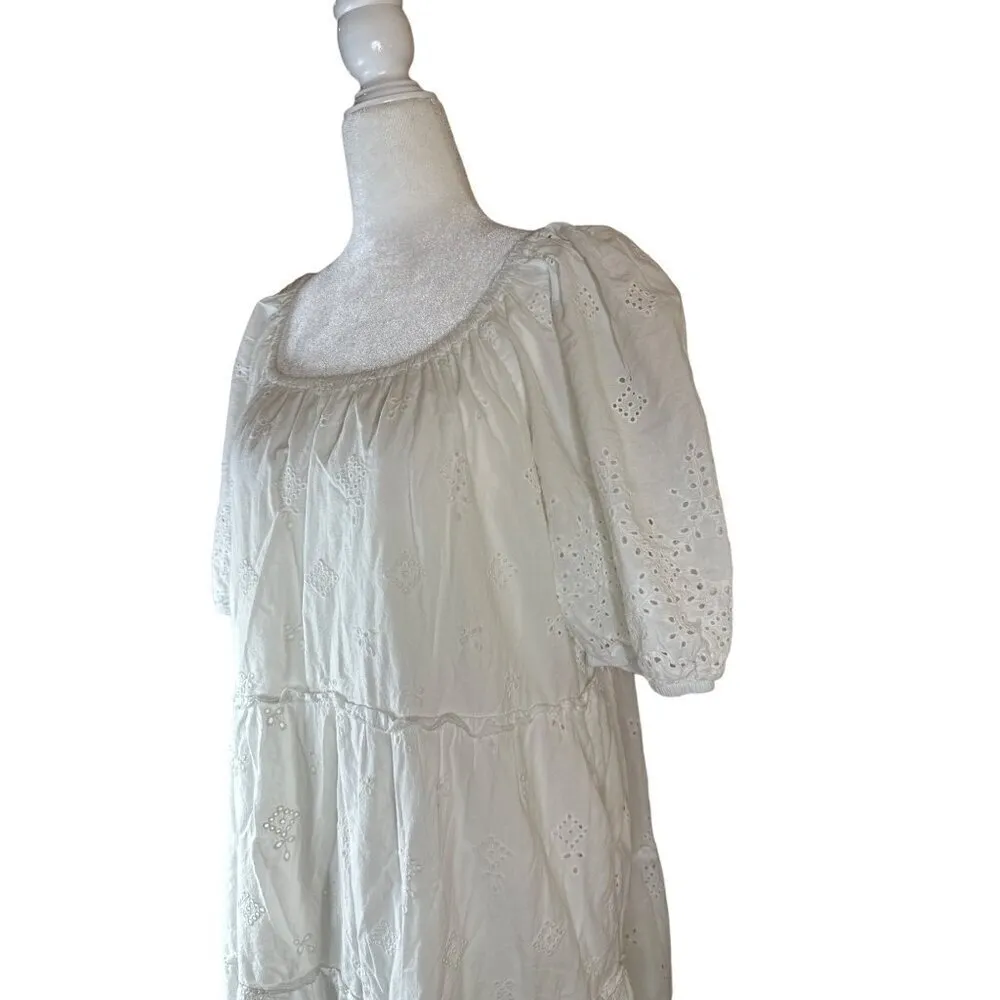 Fifteen Twenty Tiered Puff Sleeve Dress in White XLarge Womens Eyelet Cotton Mid - Image 8