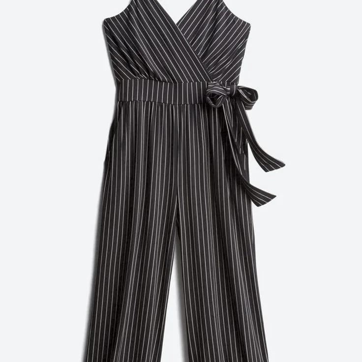 Kaileigh Rica Knot Crop Jumpsuit Black & White Pinstripe – Small - Image 3